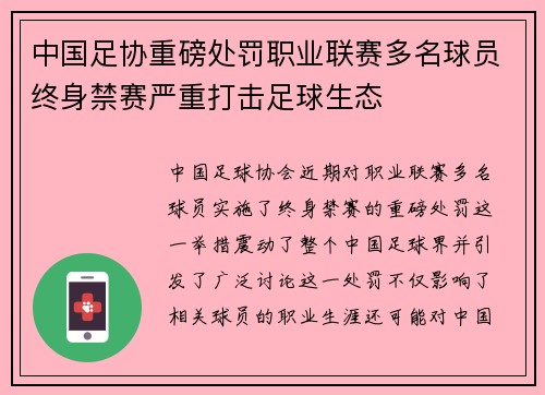 中国足协重磅处罚职业联赛多名球员终身禁赛严重打击足球生态